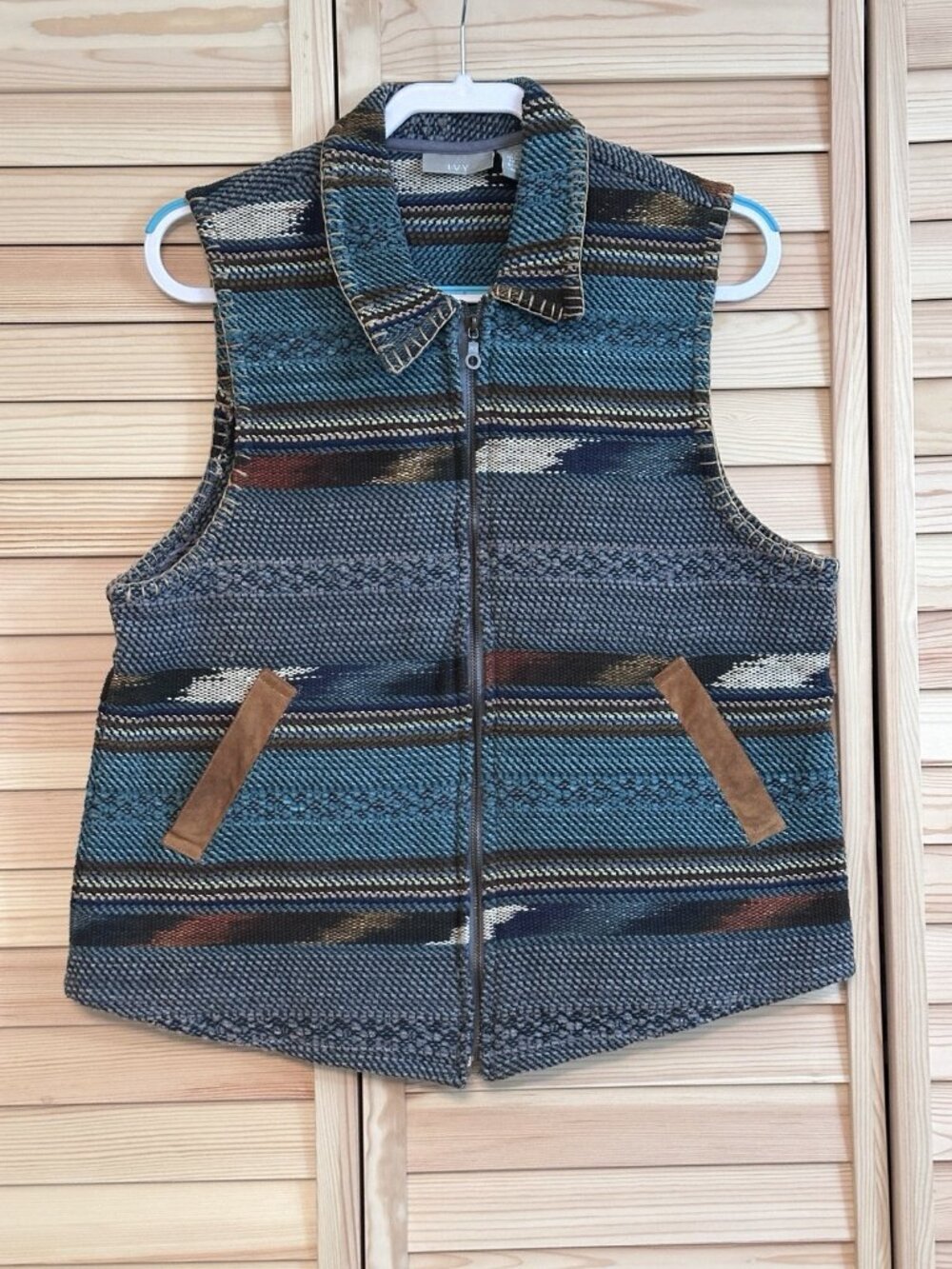 Vintage IVY Southwest Vest Women Large Blue Green Stripe Cotton Knit Pockets Zip
